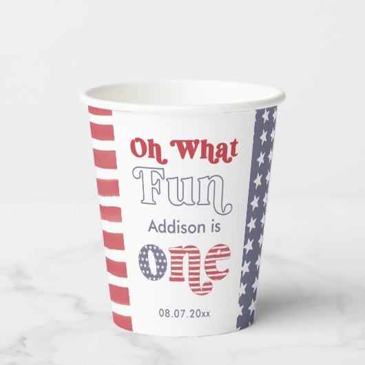 Groovy Font Rood Wit Blauw 1e Verjaardagsfeest Papieren Bekers (Achterkant)