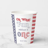 Groovy Font Rood Wit Blauw 1e Verjaardagsfeest Papieren Bekers (Voorkant)