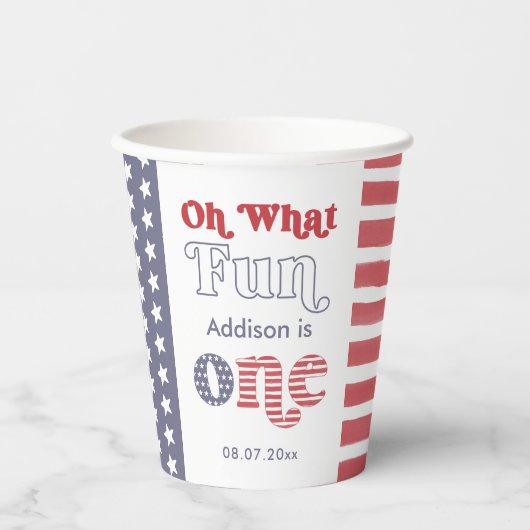 Groovy Font Rood Wit Blauw 1e Verjaardagsfeest Papieren Bekers (Voorkant)