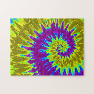 Groovy geel en paarse tie-dye spiraal legpuzzel