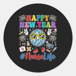 Groovy Gelukkig Nieuwjaar 2026 Verpleegster Leven  Ronde Sticker