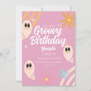 Groovy Ghost Floral Retro Halloween Party roze Kaart