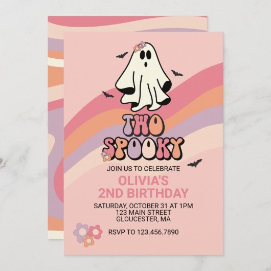 Groovy Ghost Two Spooky Halloween Birthday Invitat Kaart (Voorkant / Achterkant)