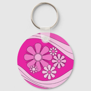 Groovy Girly 60s 70s Hot Pink Retro Bloemenpatroon Sleutelhanger