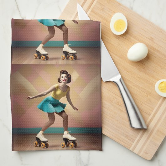 Groovy Glide: Retro ritmes op Schaatsen wielen Theedoek (Quarter Fold)