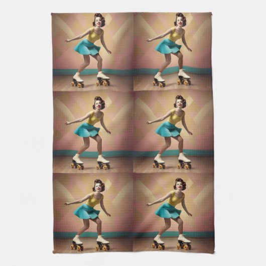 Groovy Glide: Retro ritmes op Schaatsen wielen Theedoek (Verticaal)