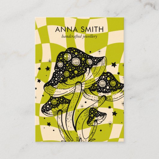 Groovy Green Mushroom Trippy Retro Earning Display Visitekaartje (Voorkant)