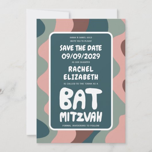 Groovy Green Waves Custom Bat Bar Bnai Mitzvah Save The Date (Voorkant)