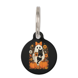 Groovy Halloween Geest met Zwarte Kat Bloem Huisdierpenning