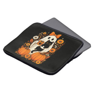 Groovy Halloween Geest met Zwarte Kat Bloem Laptop Sleeve