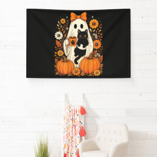 Groovy Halloween Geest met Zwarte Kat Bloemmotief Spandoek