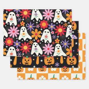 Groovy Halloween Geesten Pompoenen en Bloemen  Inpakpapier Vel