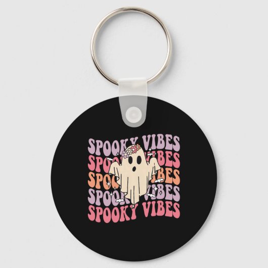 Groovy Halloween Spooky Vibes Retro Floral Ghost C Sleutelhanger (Voorkant)