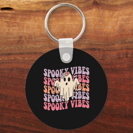 Groovy Halloween Spooky Vibes Retro Floral Ghost C Sleutelhanger (Voorkant)