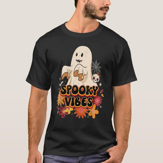 Groovy Halloween Spooky Vibes Retro Floral Ghost C T-shirt (Voorkant)