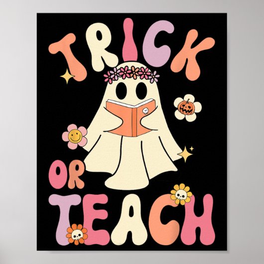 Groovy Halloween Trick of Teach Retro Floral Ghost Poster (Voorkant)