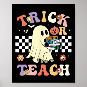 Groovy Halloween Trick of Teach Retro Floral Ghost Poster
