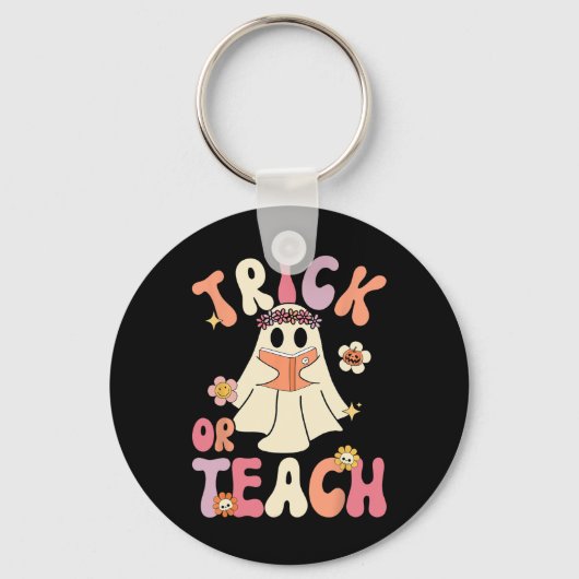 Groovy Halloween Trick of Teach Retro Floral Ghost Sleutelhanger (Voorkant)