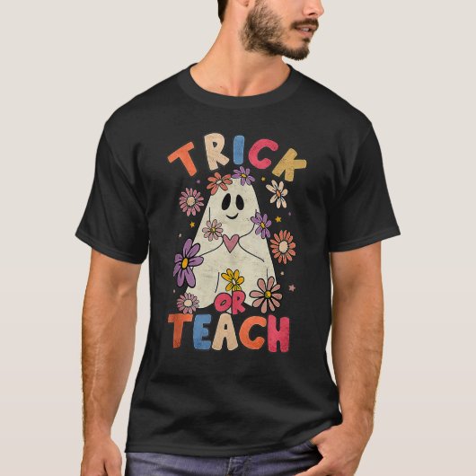 Groovy Halloween Trick of Teach Retro Floral Ghost T-shirt (Voorkant)