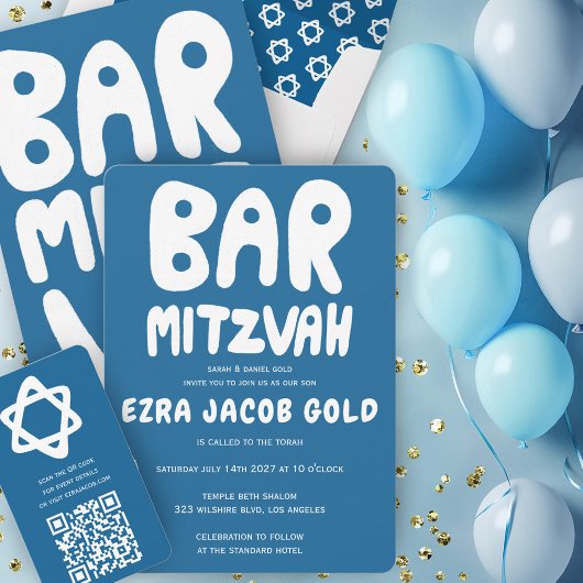 Groovy Handlettering Custom Bar Mitzvah Blauw Kaart