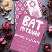 Groovy Handlettering Custom Bat Mitzvah Pink Stars Kaart
