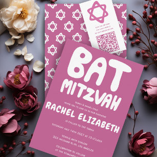 Groovy Handlettering Custom Bat Mitzvah Pink Stars Kaart