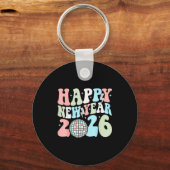 Groovy Happy New Year 2026 Party Cute New Years Ev Sleutelhanger (Voorkant)