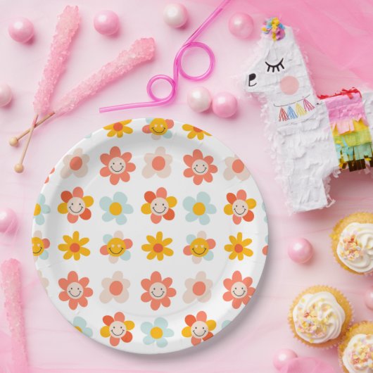 Groovy hippe retro moderne leuke bloemgezichten papieren bordje (Feest)