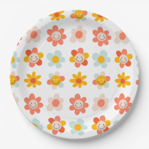 Groovy hippe retro moderne leuke bloemgezichten papieren bordje
