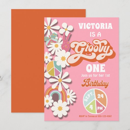 Groovy Hippie Birthday Party Invitation Kaart (Voorkant / Achterkant)