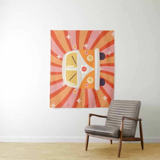 Groovy Hippie Bus Roze & Oranje 60s Retro Wandkleed (In situ)