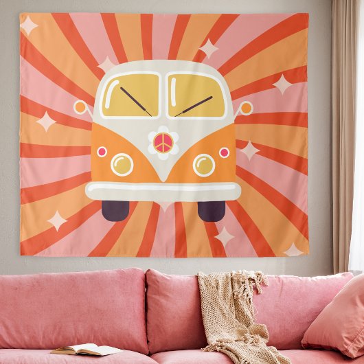 Groovy Hippie Bus Roze & Oranje 60s Retro Wandkleed