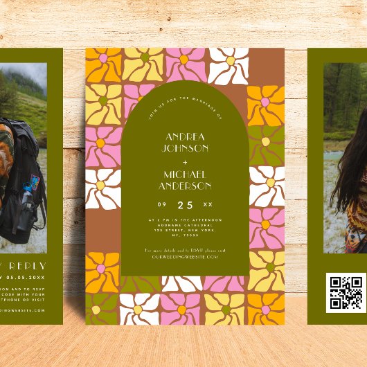 Groovy Hippie Floral Boho Arch QR Code Bruiloft Kaart