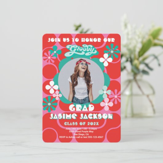 Groovy Hippie Flower Power Photo Graduparty Kaart (Staand voorkant)