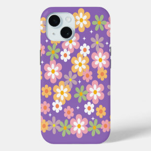 Groovy Hippie Madeliefjes Patroon Paars iPhone 15 Hoesje