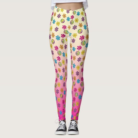 Groovy Hippie Peace and Flower Shower roze vervage Leggings (Voorkant)