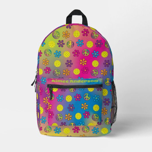 Groovy Hippie Peace Love en Pickleball Bedrukte Rugzak (Voorkant)
