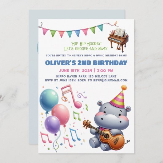 "Groovy Hippo Birthday Bash Bonanza!" Uitnodiging (Voorkant / Achterkant)