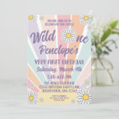 Groovy Hippy Sun & Daisy 1e Birthday Invitation Kaart (Staand voorkant)