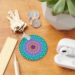 Groovy Kleurrijke Jewel Tone Boho Fractal Mandala Sleutelhanger