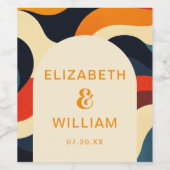 Groovy Kleurrijke Retro Wavy Boho Wedding Wijn Etiket (Enkel label)