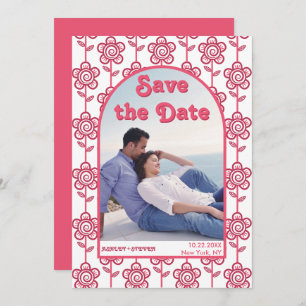 Groovy magenta en roze bloemen 70s geïnspireerde f save the date