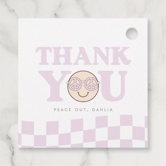 Groovy meisje geruit gelukkig gezicht | 1e verjaar bedankjes labels (Achterkant)