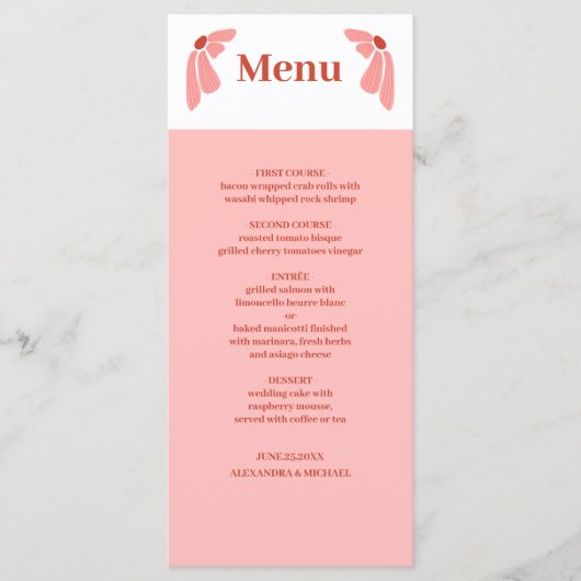 Groovy moderne roze madeliefje bruiloft menu (Voorkant)