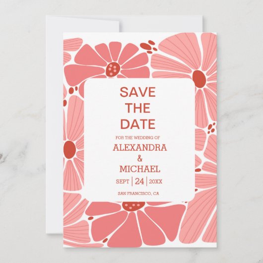 Groovy moderne roze madeliefje bruiloft save the date (Voorkant)