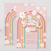 Groovy One Boho Daisy Rainbow 1st Birthday Party Kaart (Voorkant / Achterkant)