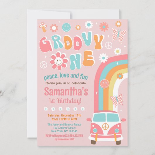Groovy One Boho Retro 1e verjaardag Uitnodigingen (Voorkant)