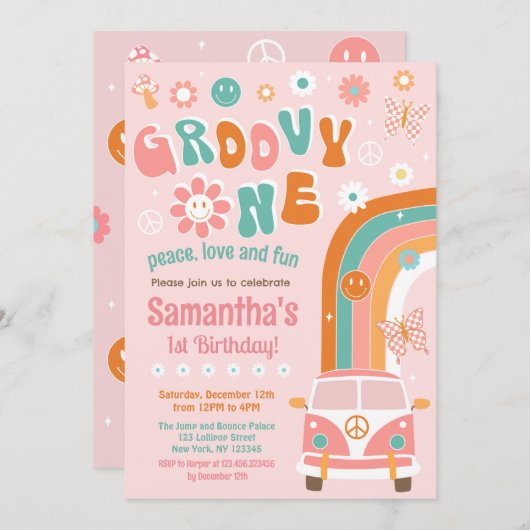 Groovy One Boho Retro 1e verjaardag Uitnodigingen (Voorkant / Achterkant)