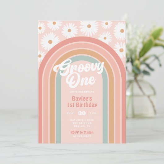 Groovy One Boho Retro Daisy 1e verjaardag Kaart (Staand voorkant)