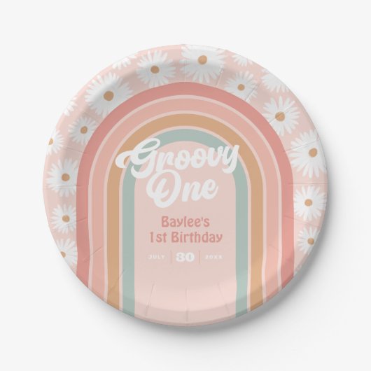 Groovy One Boho Retro Daisy 1e verjaardag Papieren Bordje (Voorkant)